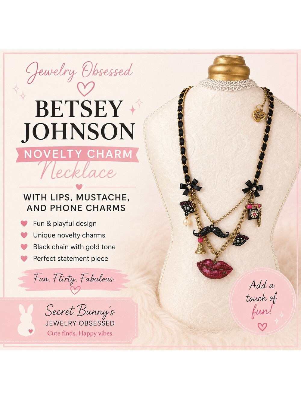 Betsey Johnson Novelty Charm Necklace with Lips, Mustache, and Phone Charms